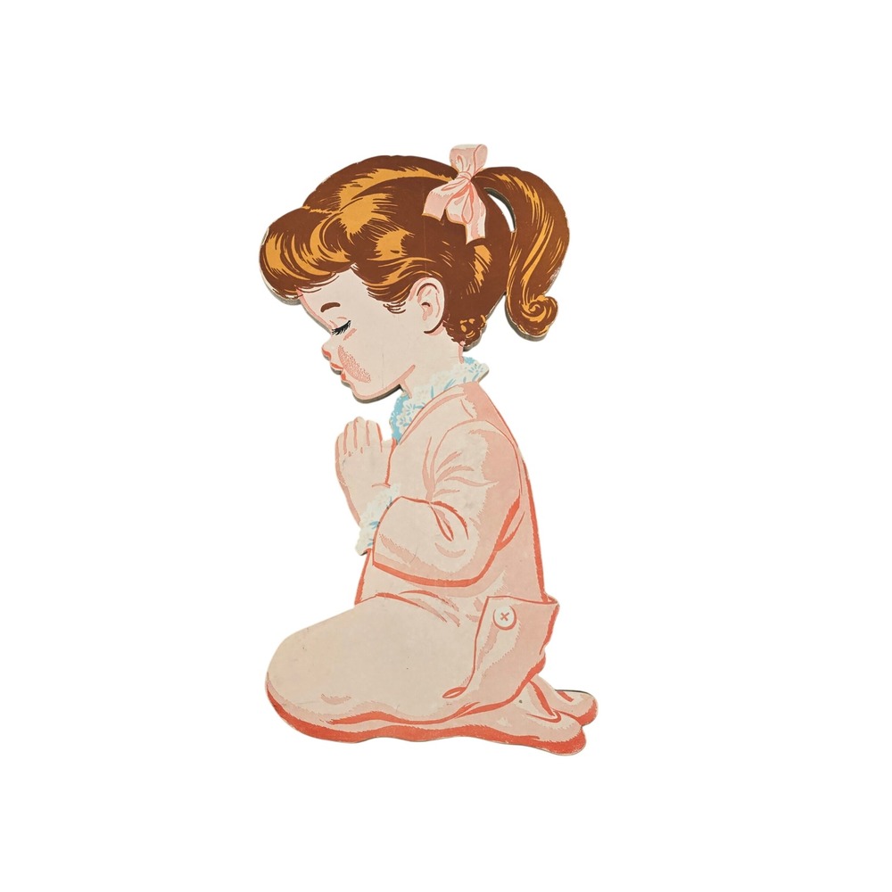 Vintage Mid Century Praying Girl Wood Wall Plaque Nursery Decor Pink 12 inch